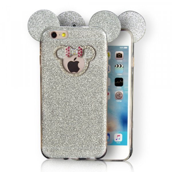 Wholesale iPhone 7 Minnie Bow Diamond Glitter Necklace Strap Case (Silver)